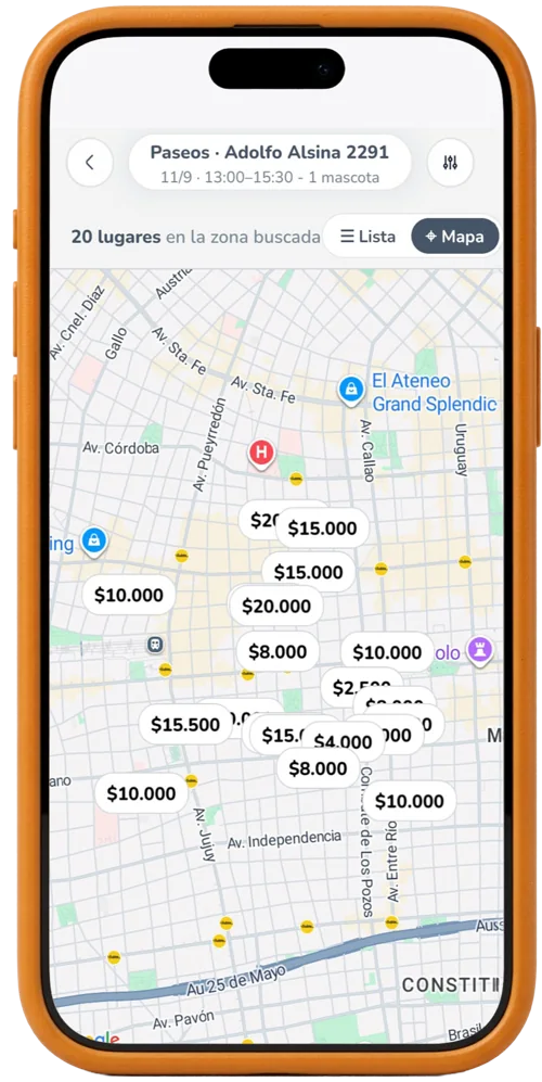 Pantalla de la app: 20 lugares en la zona buscada, en mapa, con el precio de cada uno