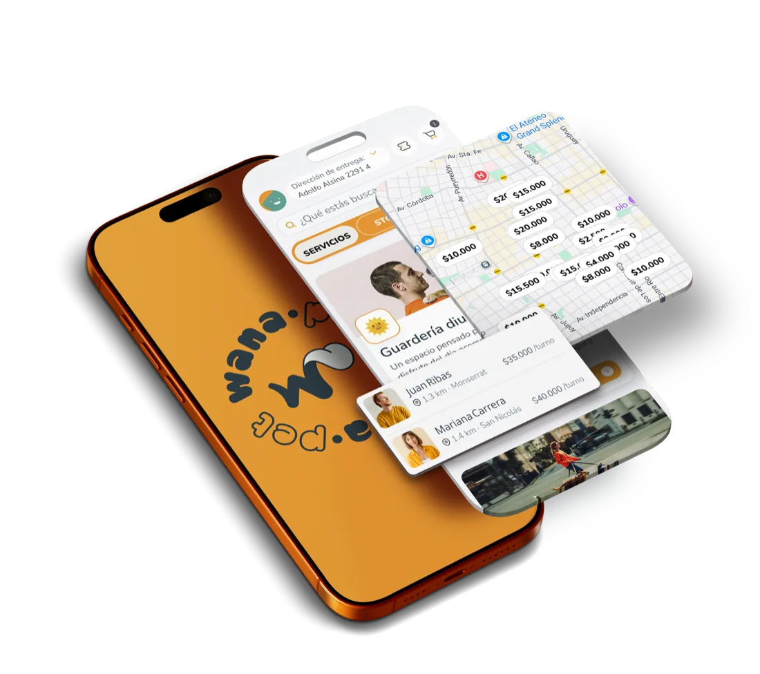 La app de Wana: buscador de servicios, resultados en el mapa con precios y el listado de cuidadores con distancia y precio por turno