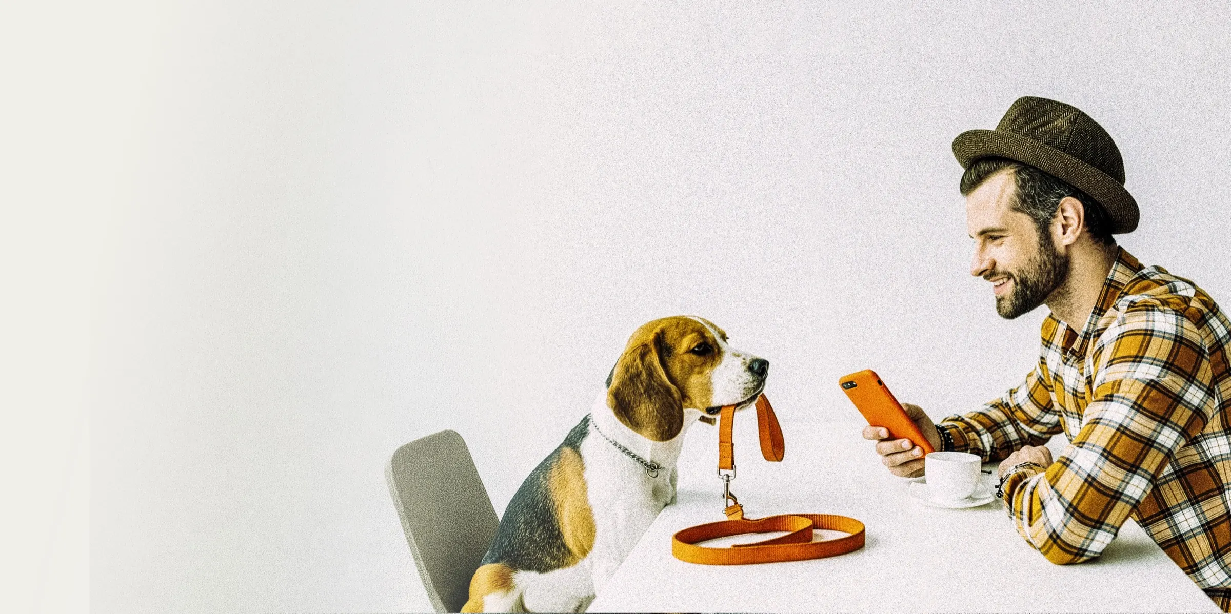 Un tutor con sombrero mira el celular en la mesa mientras su beagle le acerca la correa
