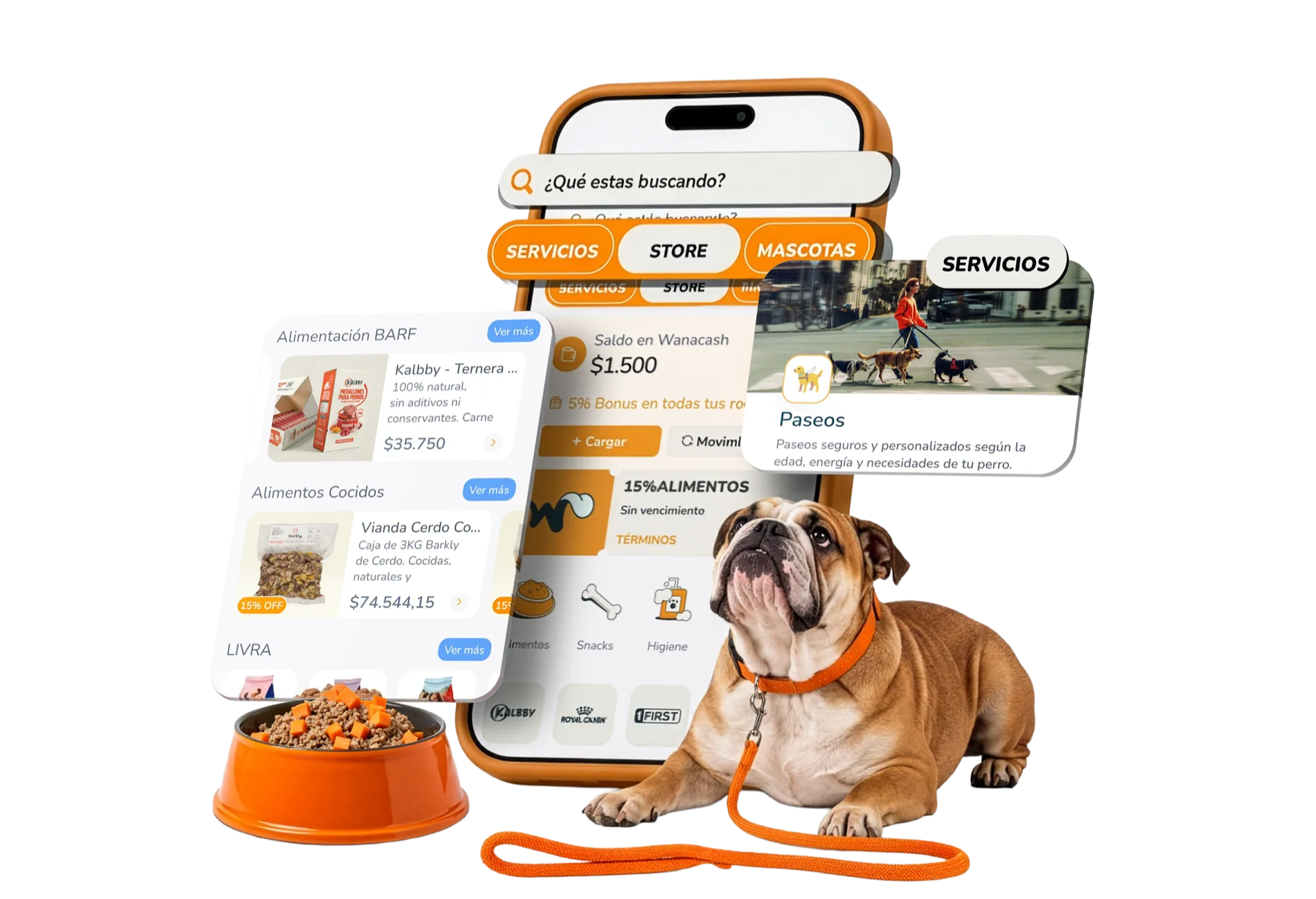 La app de Wana: buscador con Servicios, Store y Mascotas, alimentos con precio, saldo en WanaCash y una ficha de paseos