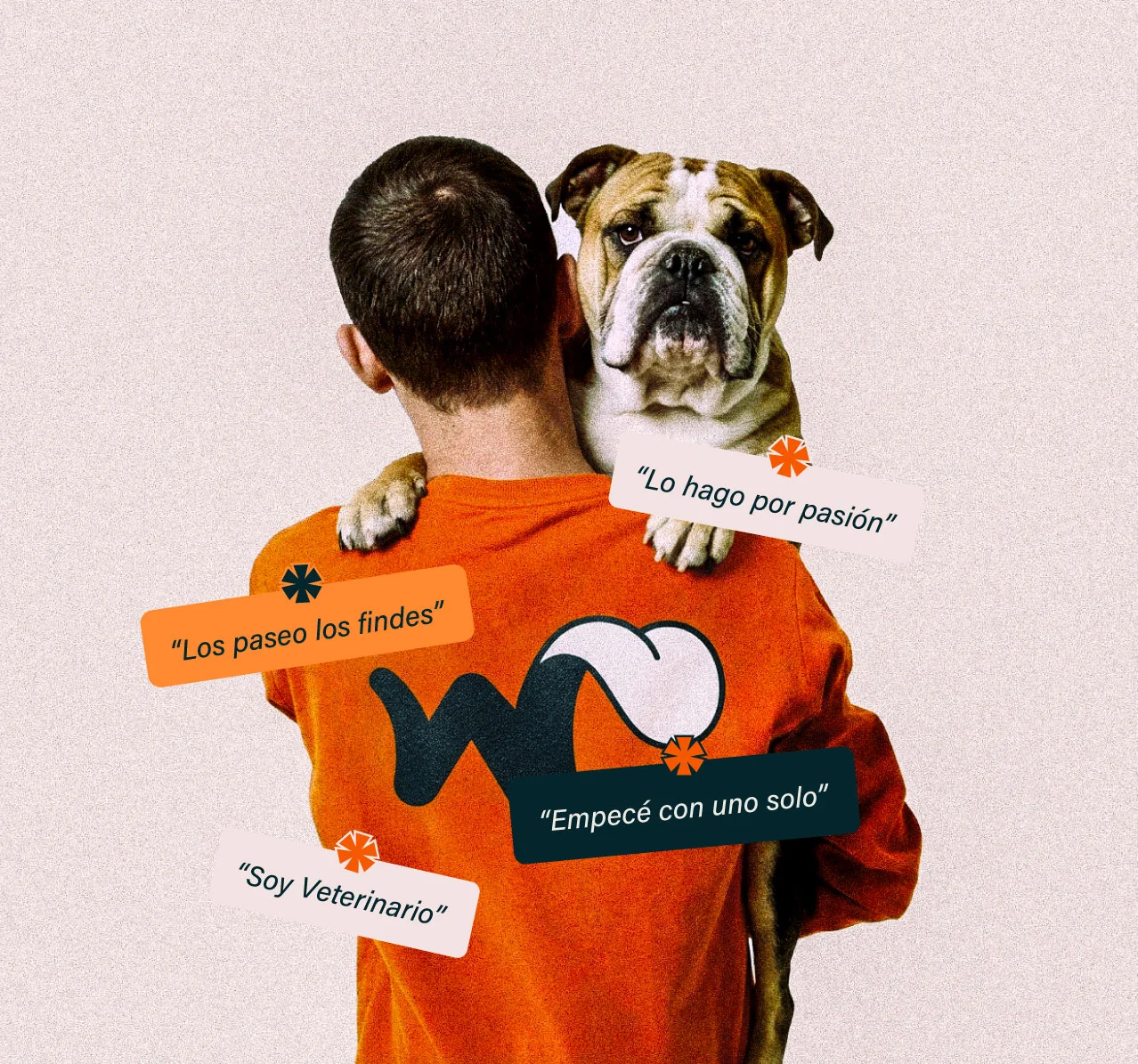 Persona abrazando a su perro, con frases de prestadores de Wana